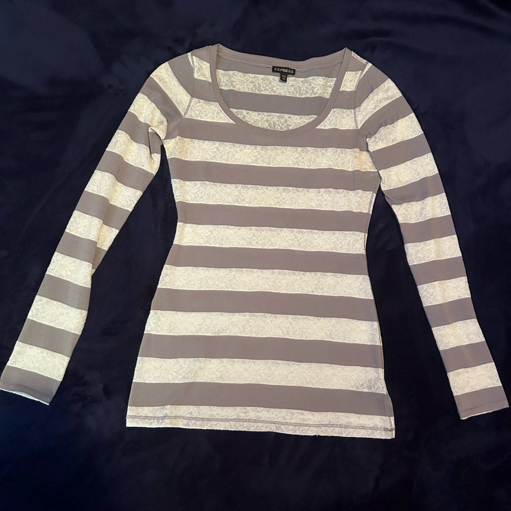 Women's Express Striped Long Sleeve Top XS Gray and White